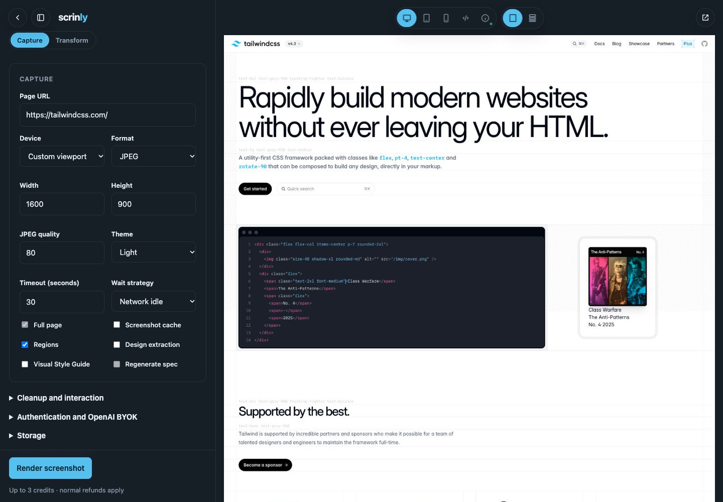 Playground in Capture mode with viewport and region options beside a saved Tailwind CSS screenshot.