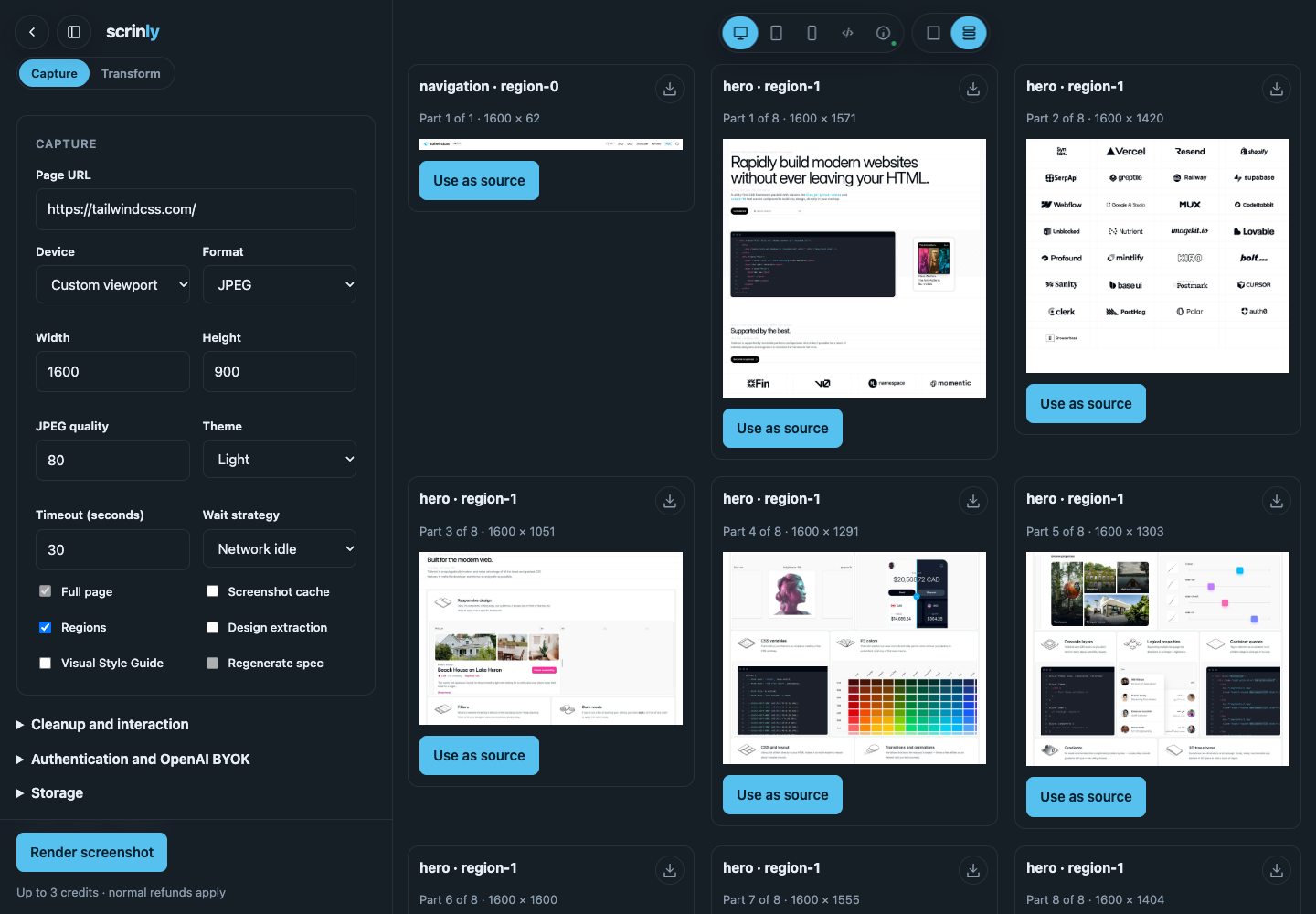 Playground Regions view displaying saved Tailwind CSS crops with dimensions, download icons, and Use as source buttons.
