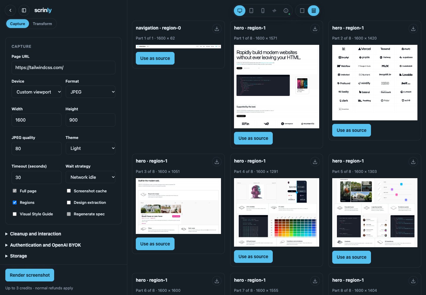 Playground Regions view displaying saved Tailwind CSS crops with dimensions, download icons, and Use as source buttons.
