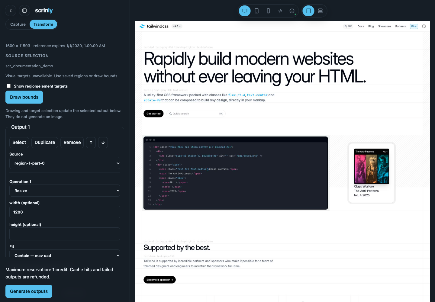 Playground Transform mode with a saved region part selected, resize controls, and the original Tailwind CSS screenshot.