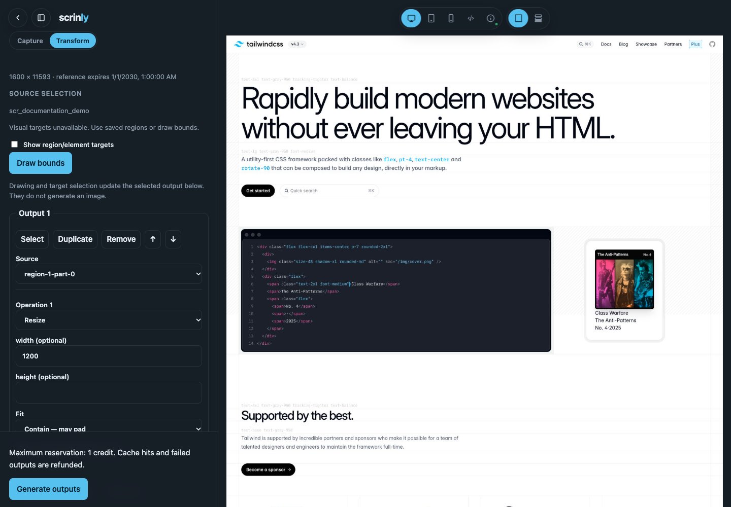 Playground Transform mode with a saved region part selected, resize controls, and the original Tailwind CSS screenshot.