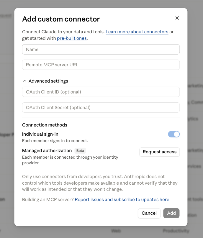 Claude Add custom connector dialog