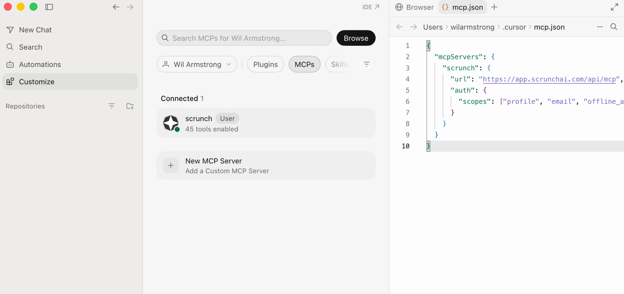 Cursor Customize MCPs view showing scrunch connected with 45 tools enabled
