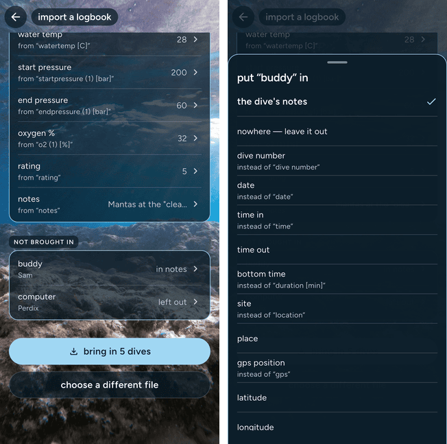 two screens side by side: the “not brought in” section with the buddy column marked “in notes” and the computer column “left out”; and the sheet for the buddy column, offering “the dive's notes” (ticked), “nowhere — leave it out” and the list of logbook fields