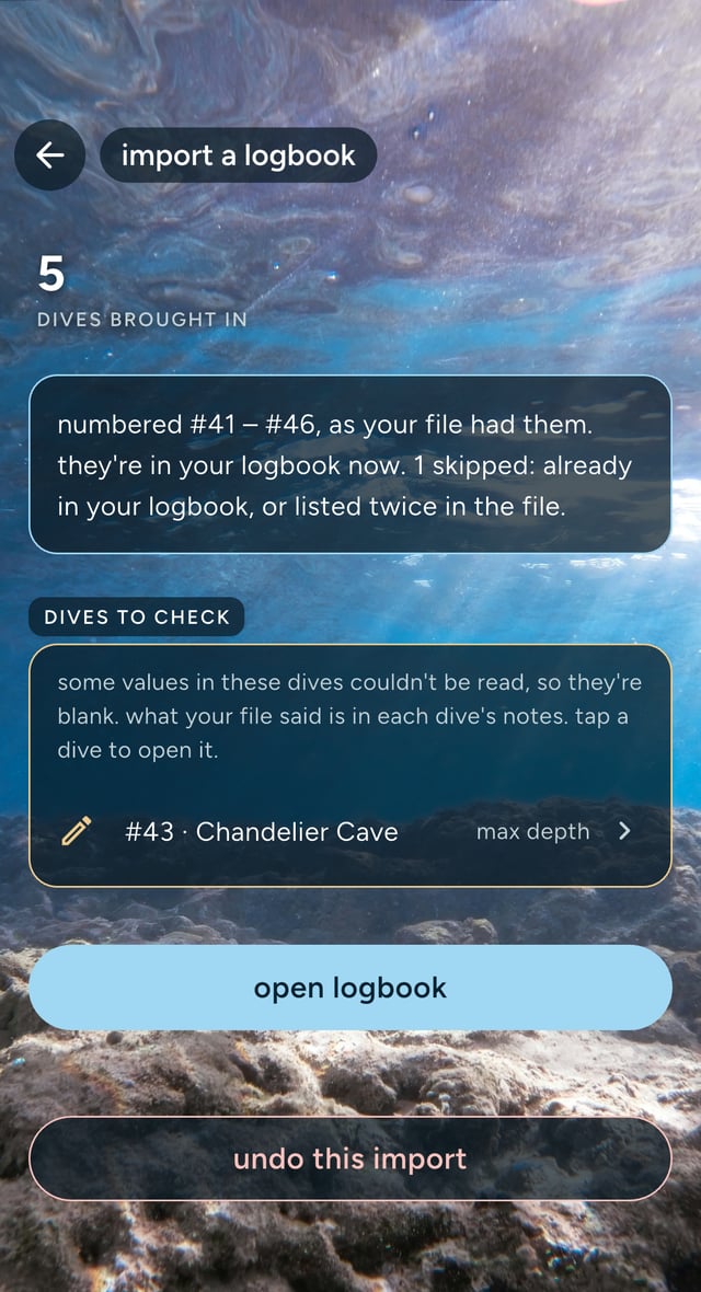 the import done screen: “5 dives brought in”, the line saying they are numbered #41 to #46 and 1 was skipped, “dives to check” listing dive #43 at Chandelier Cave with its max depth left blank, the “open logbook” button and the separate “undo this import” button