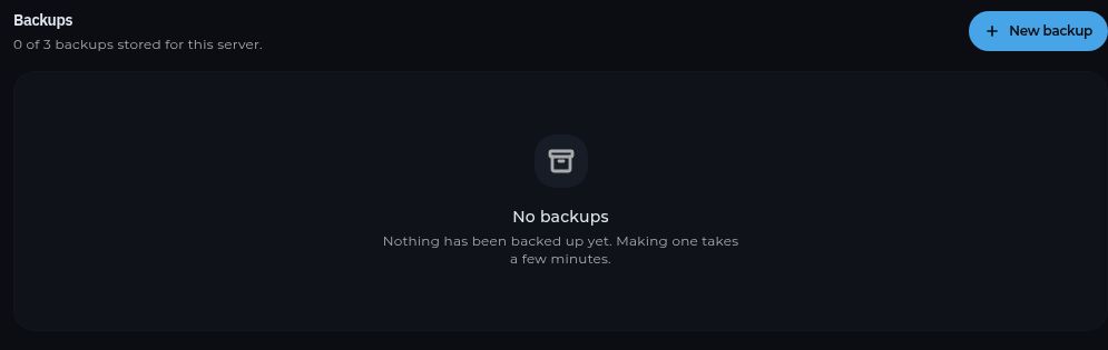 The Backups page showing the New backup button and an empty backup list