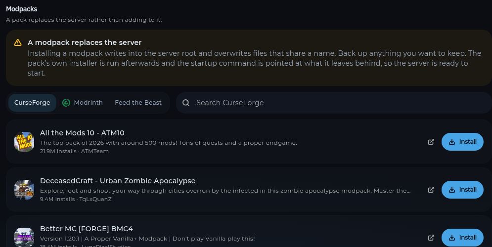 The Modpacks page showing its providers, search field, and install buttons