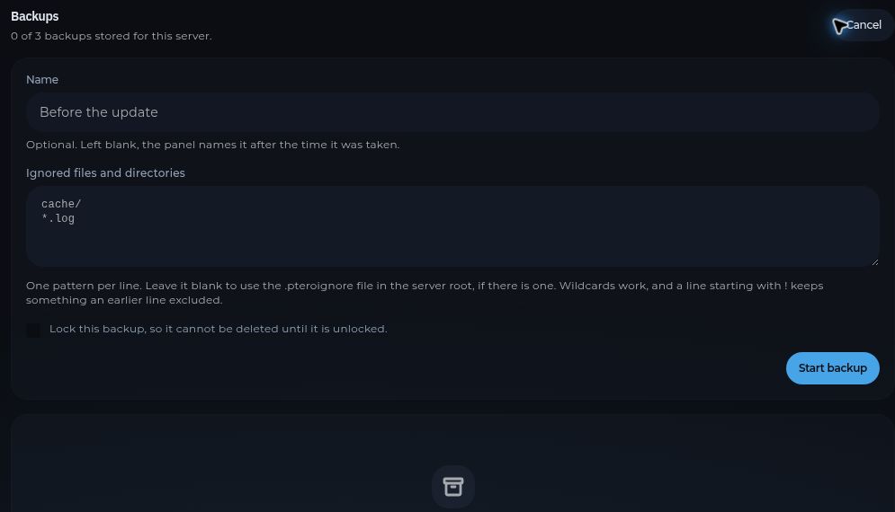 The New backup form showing name, ignored files, and lock options