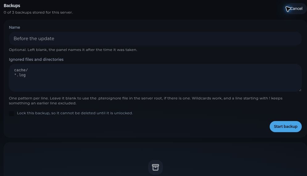 The New backup form showing name, ignored files, and lock options