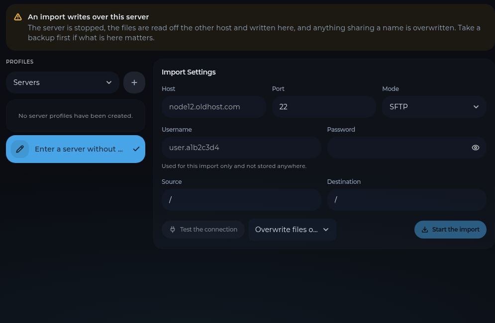 The Import page showing empty SFTP connection fields, source and destination paths, and the overwrite option