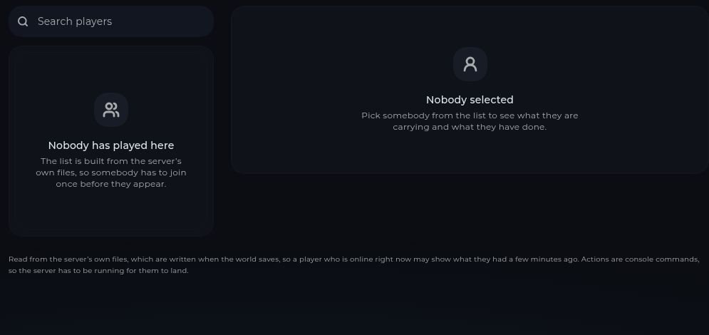 The Players page with its search field and player details area
