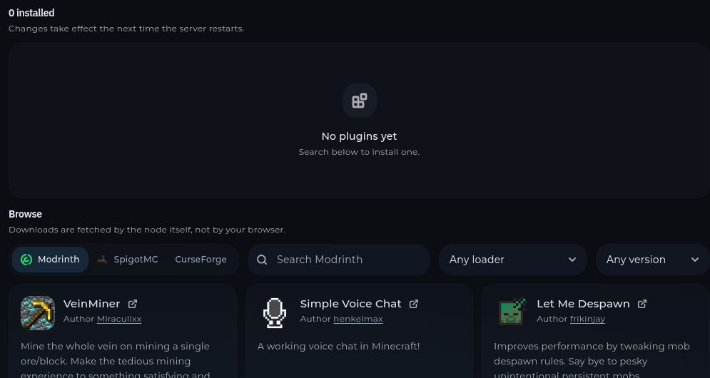The Plugins page with Modrinth, SpigotMC, and CurseForge search options