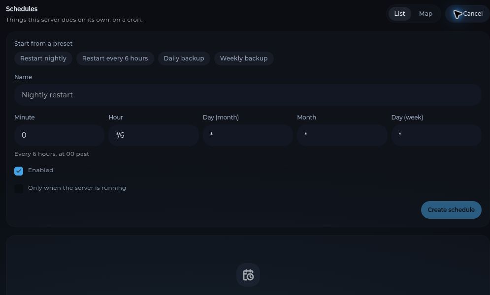 The New schedule form showing presets and cron timing fields