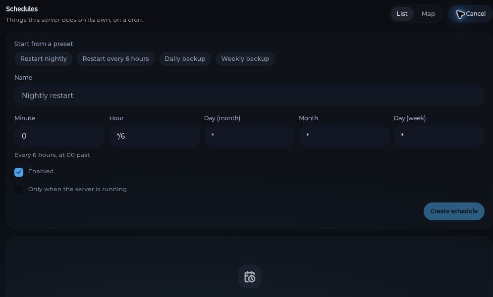 The New schedule form showing presets and cron timing fields