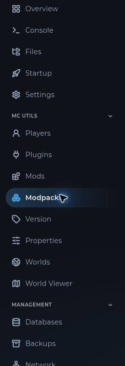 The server sidebar showing Overview, Console, Files, Startup, Minecraft tools, and Management