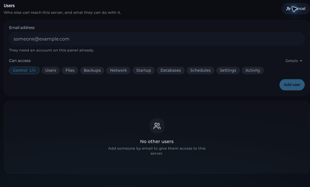 The Add user form with an empty email field and permission groups