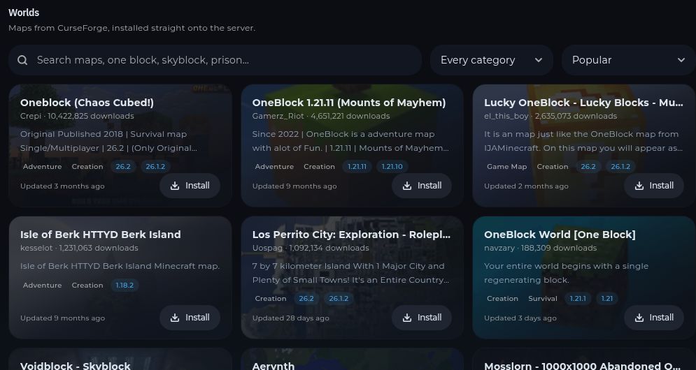 The Worlds page with map search, filters, and install buttons