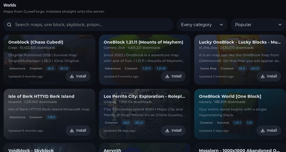 The Worlds page with map search, filters, and install buttons