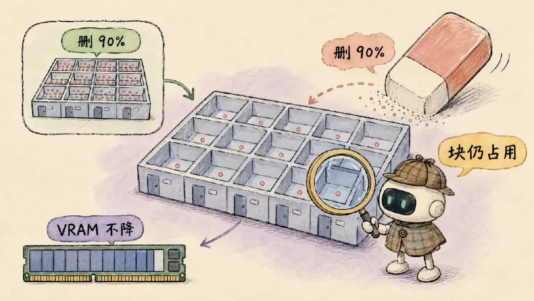 幸存 token 分散在物理块中导致显存无法回收