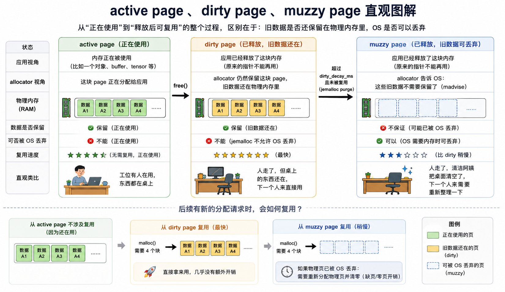 jemalloc 中 active、dirty、muzzy page 的状态流转:应用释放内存后,allocator 可先保留页面等待复用,再按 decay 策略逐步清理