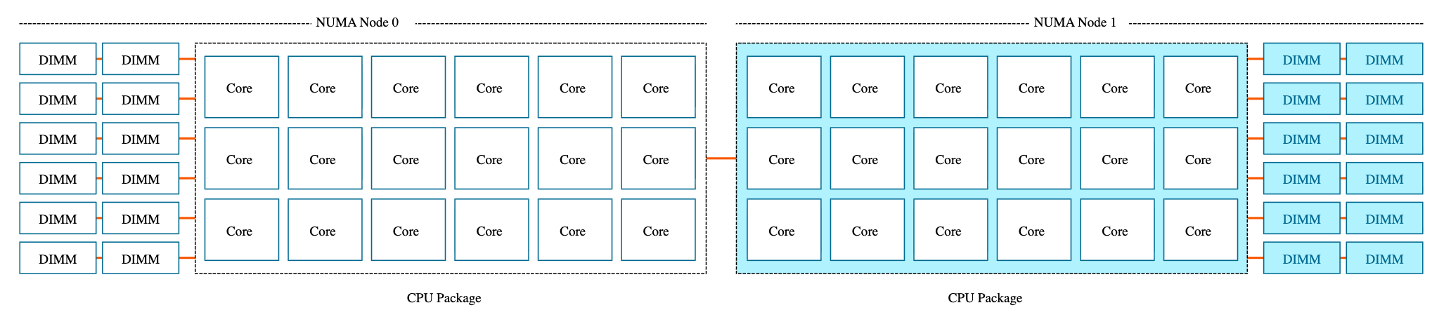 双 socket NUMA 架构:每个 CPU Package 拥有独立的内存(DIMM)和核心,构成一个 NUMA 节点