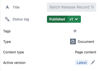 Active version row in the entity Info panel The Active version row showing Latest in the entity Info panel