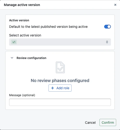Manage active version modal The Manage active version modal