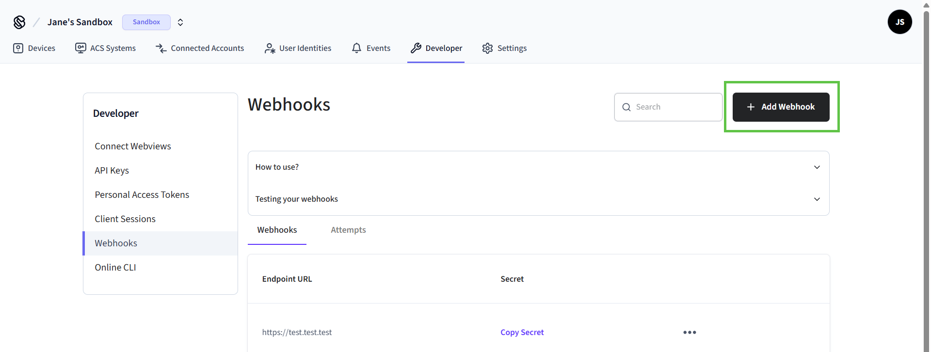 Click + Add Webhook to create a webhook for your device events.