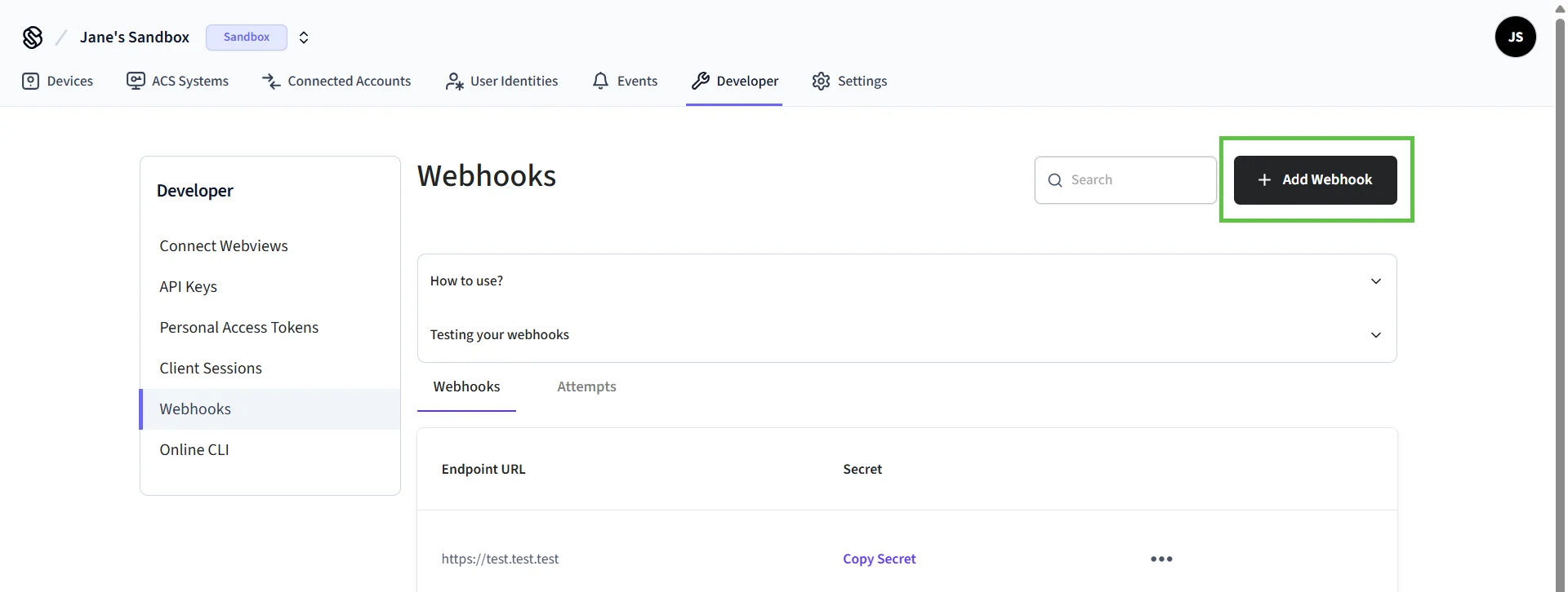 Click + Add Webhook to create a webhook for your device events.
