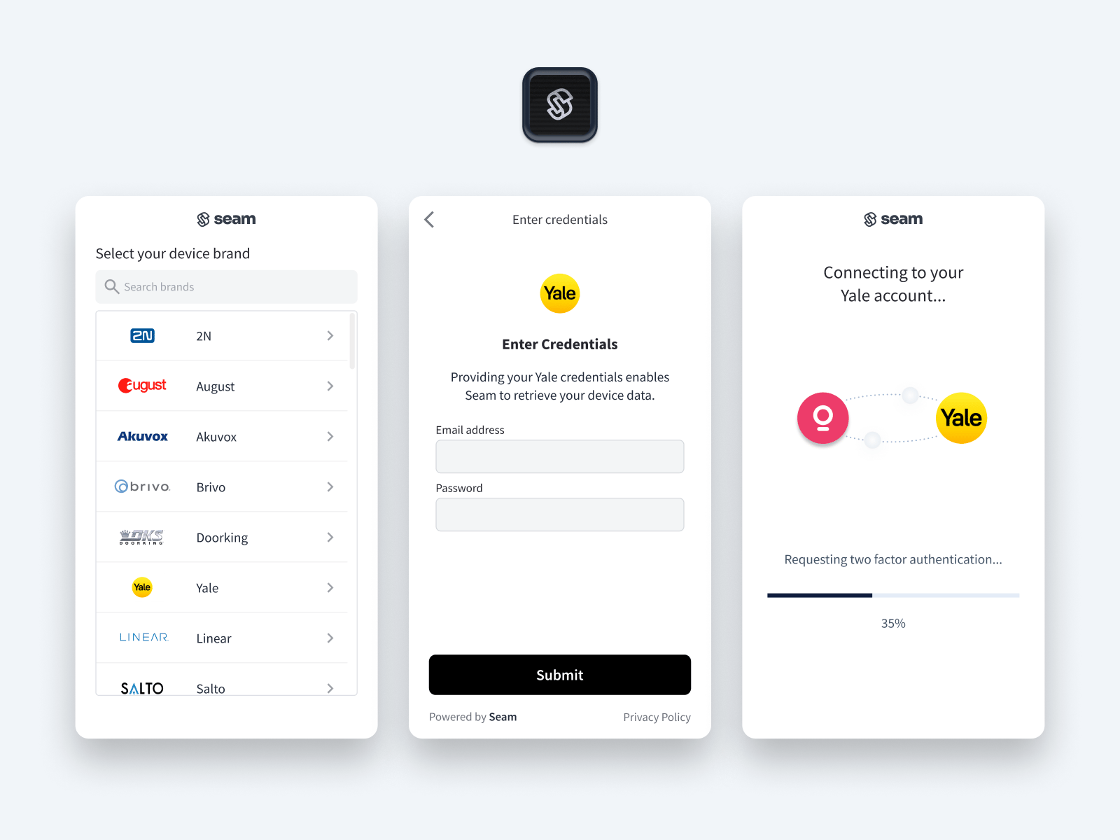The Connect Webview flow walks your users through the process of
authorizing your app to control their devices or ACS with the Seam API.
