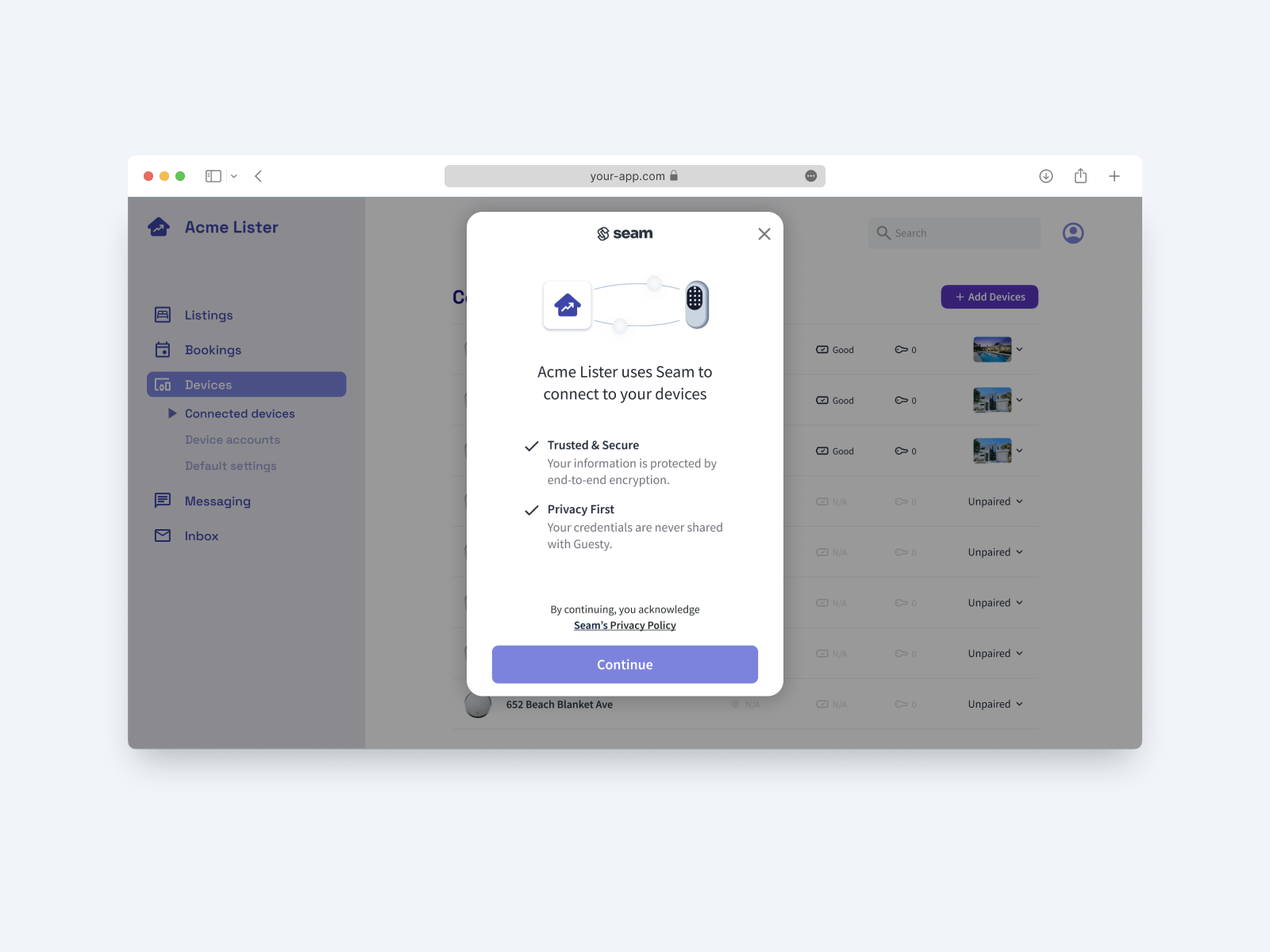 Seam makes it easy for your users to authorize your app to control their devices using the Seam API.