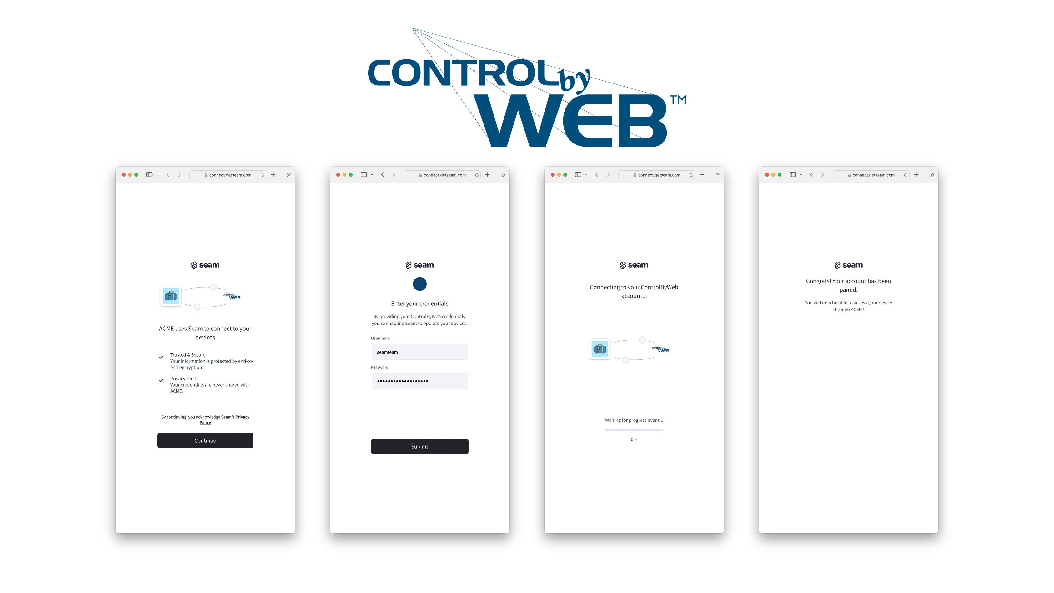 Seam Connect Webview flow to connect ControlByWeb account with Seam