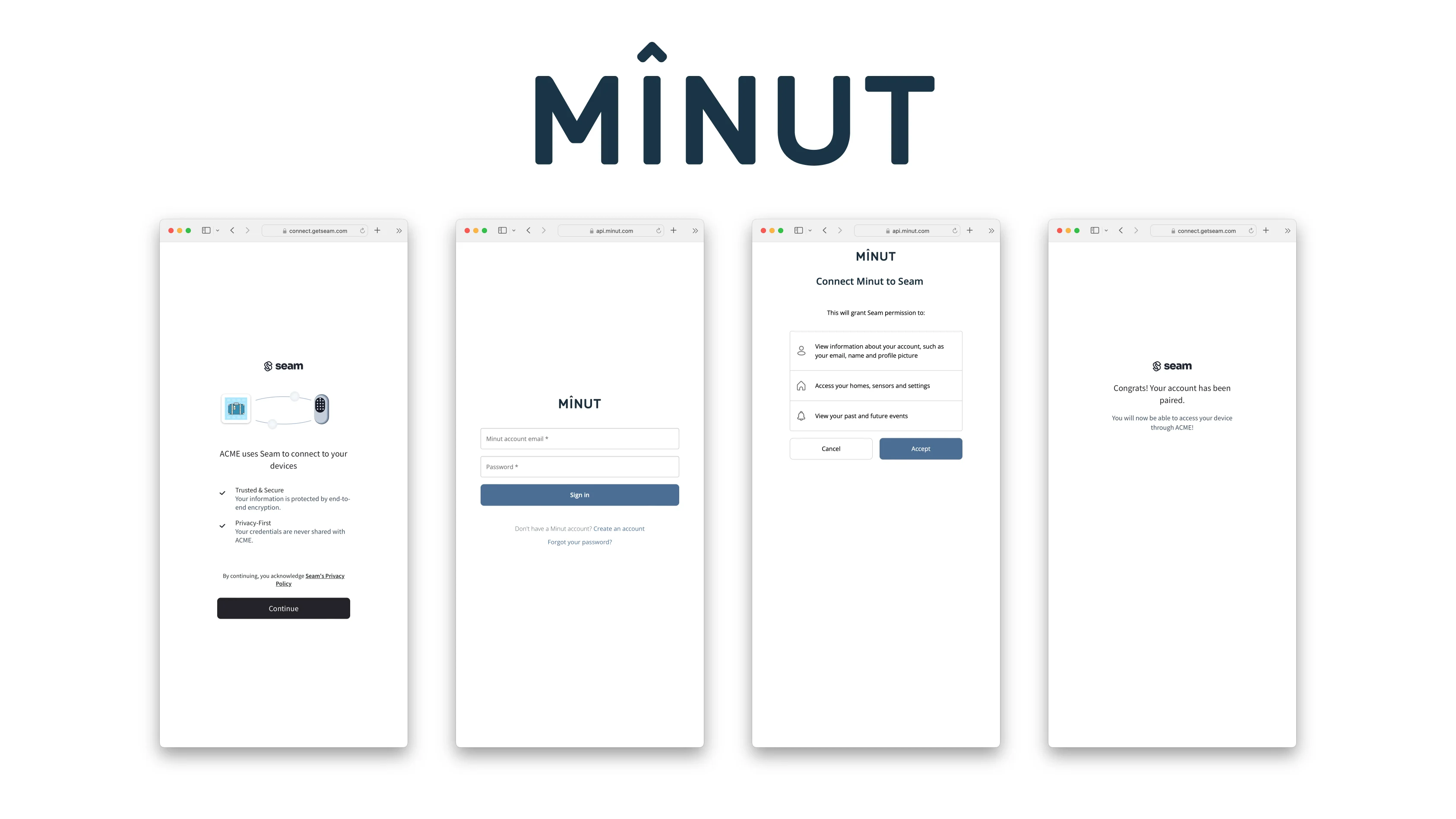 Seam Connect Webview flow to connect Minut account with Seam