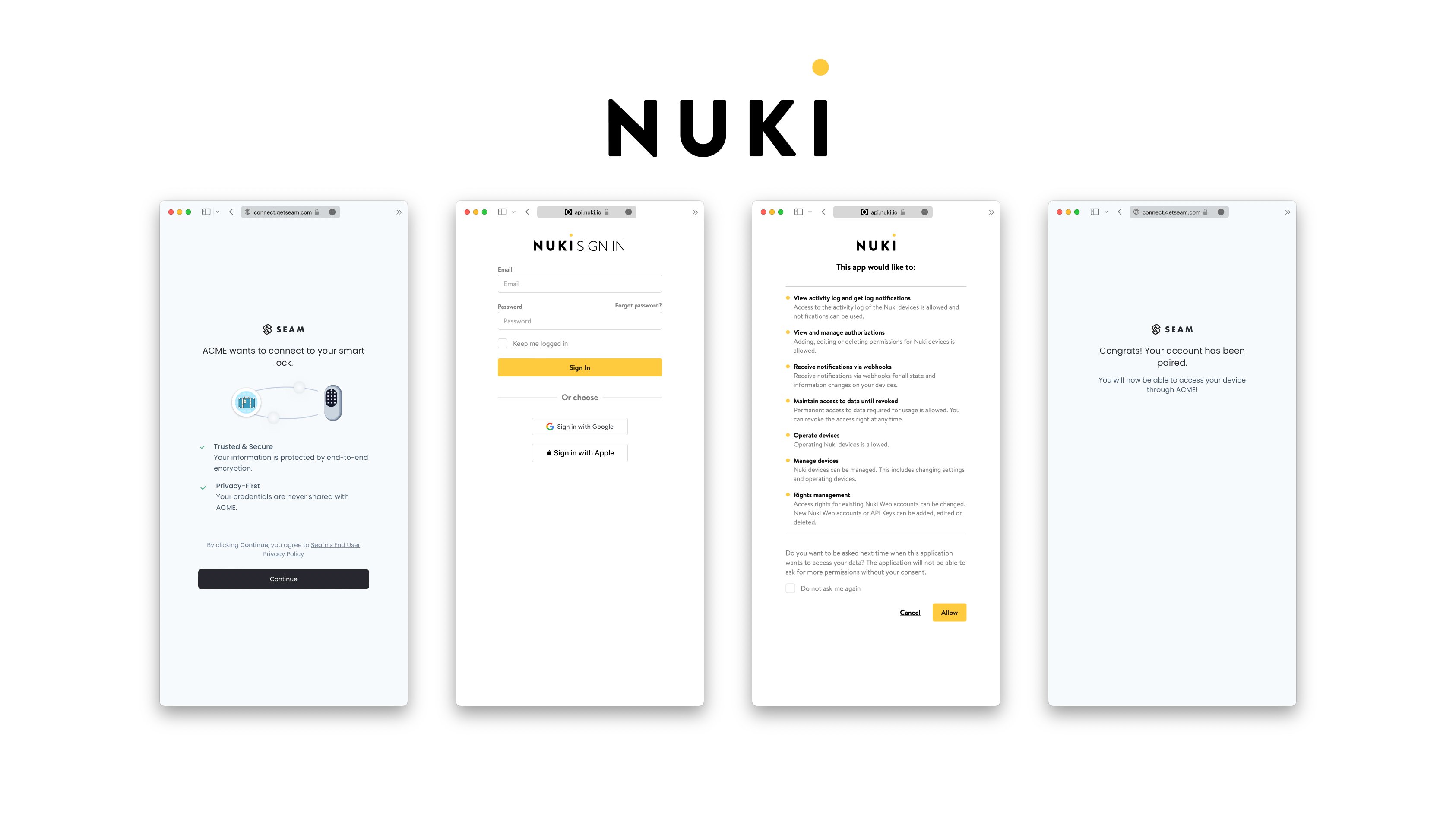 Seam Connect Webview flow to connect Nuki account with Seam
