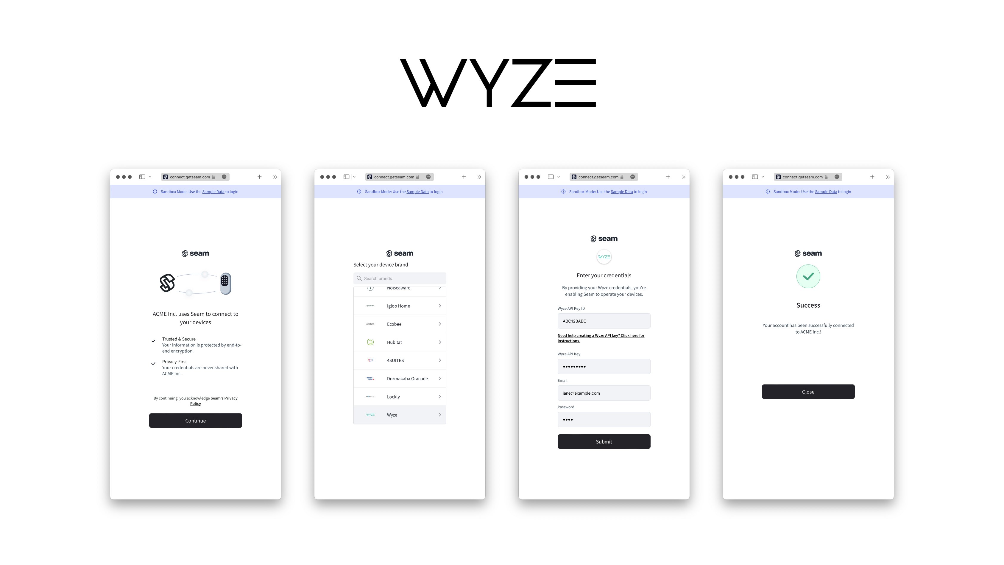 Seam Connect Webview flow to connect Wyze account with Seam
