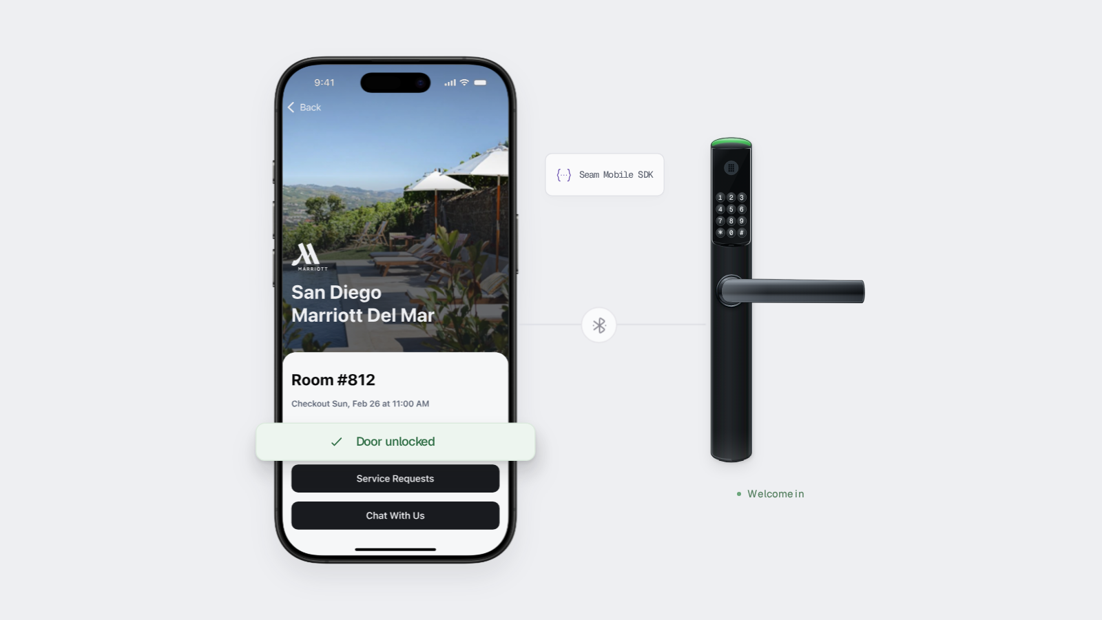 A mobile key in a hotel app connects to an Omnitec lock through the Seam Mobile SDK.