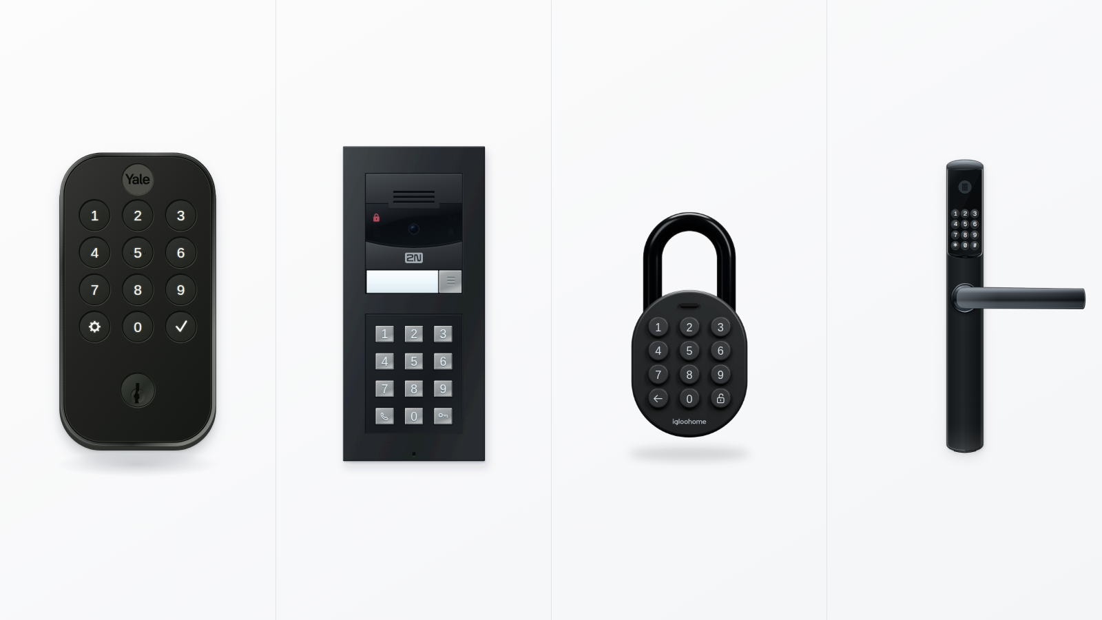 Yale smart lock, 2N intercom, igloohome padlock, and Omnitec door lock.