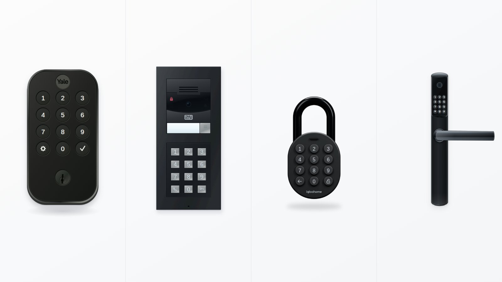 Yale smart lock, 2N intercom, igloohome padlock, and Omnitec door lock.