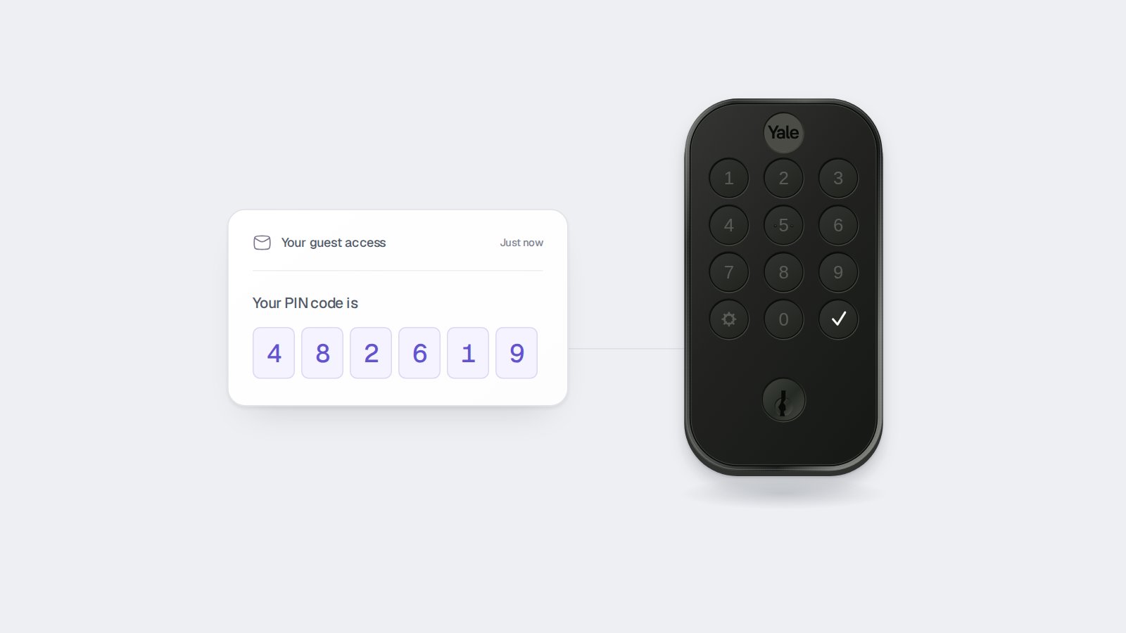 A guest PIN code delivered alongside a Yale smart lock keypad.