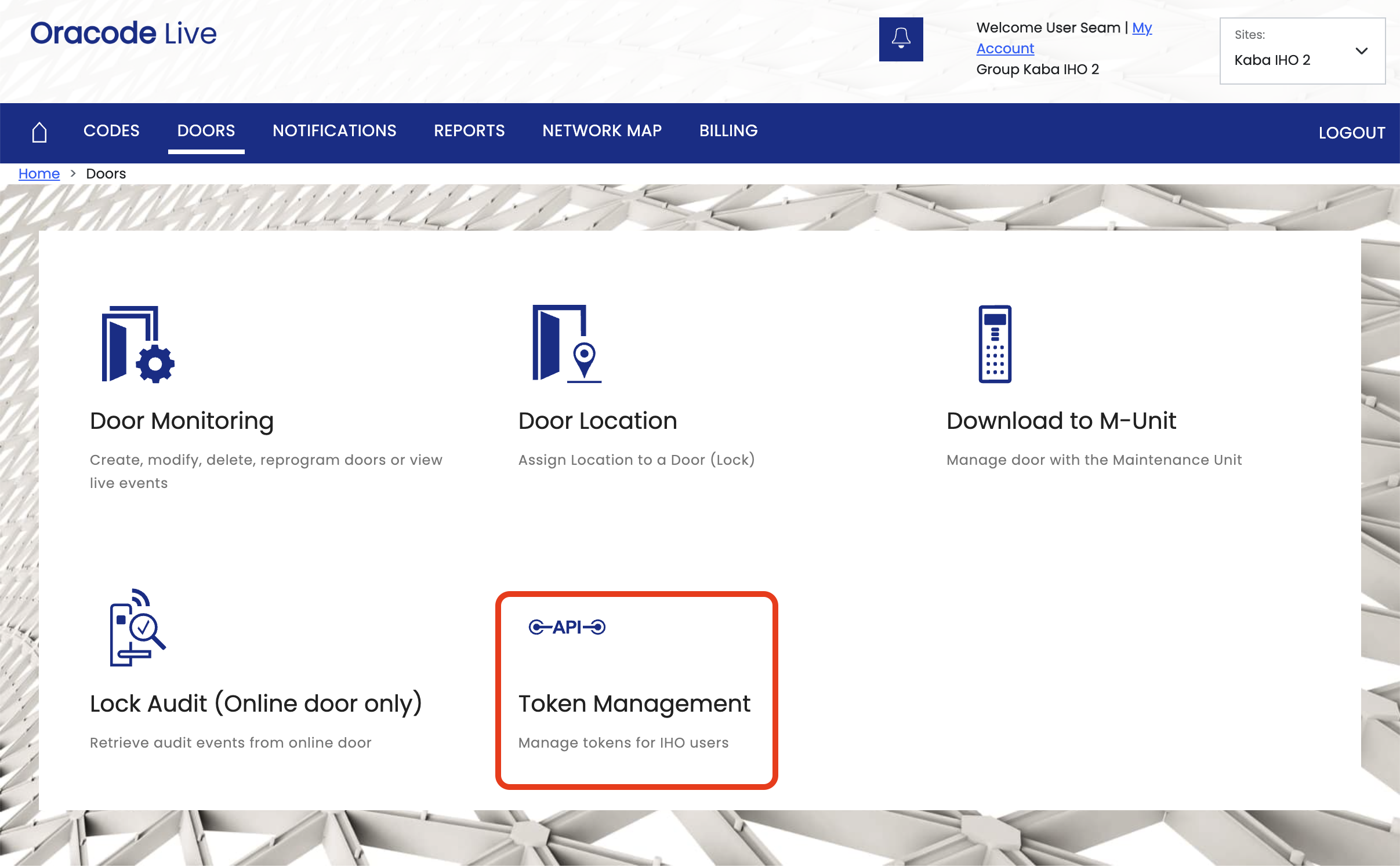 Oracode Live DOORS page showing the Token Management section