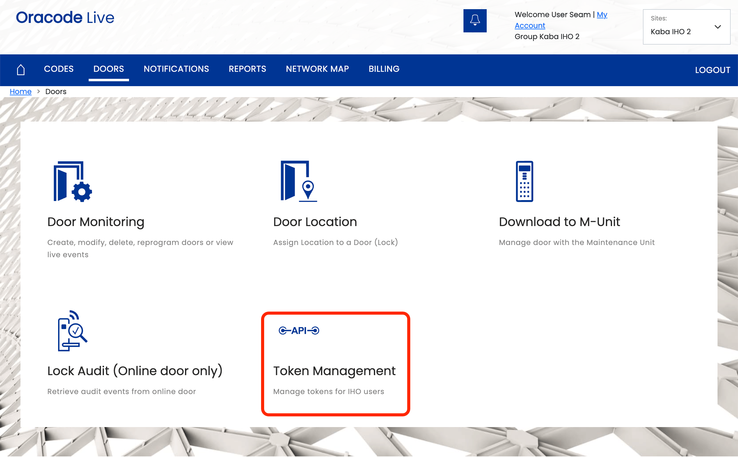 Oracode Live DOORS page showing the Token Management section