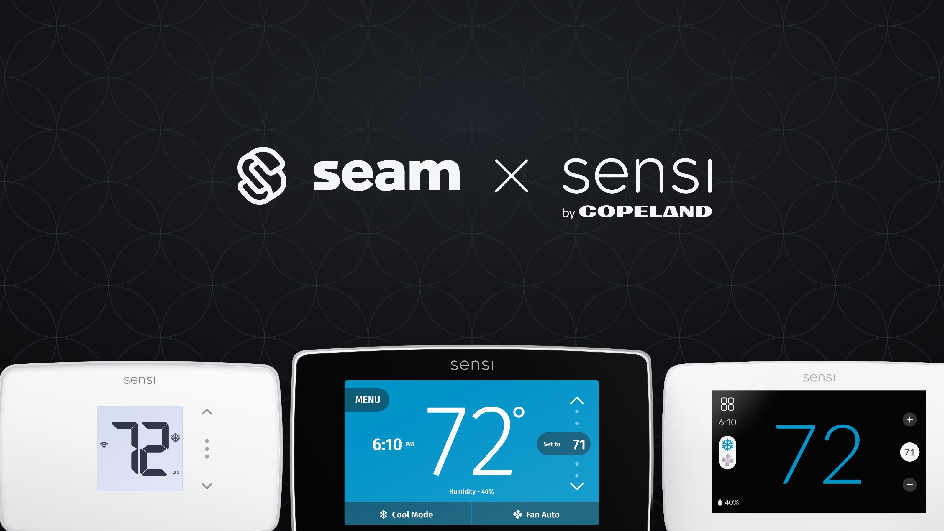 Seam and Sensi by Copeland: a white Sensi Lite, a black Sensi Touch, and a white Sensi Touch 2 smart thermostat