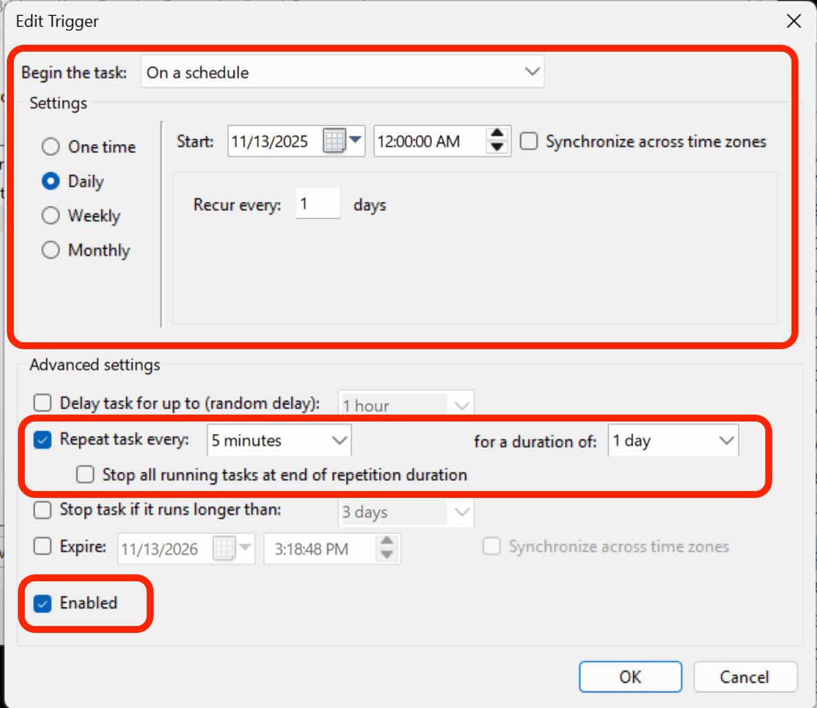 Task Properties - Triggers tab, scheduled trigger