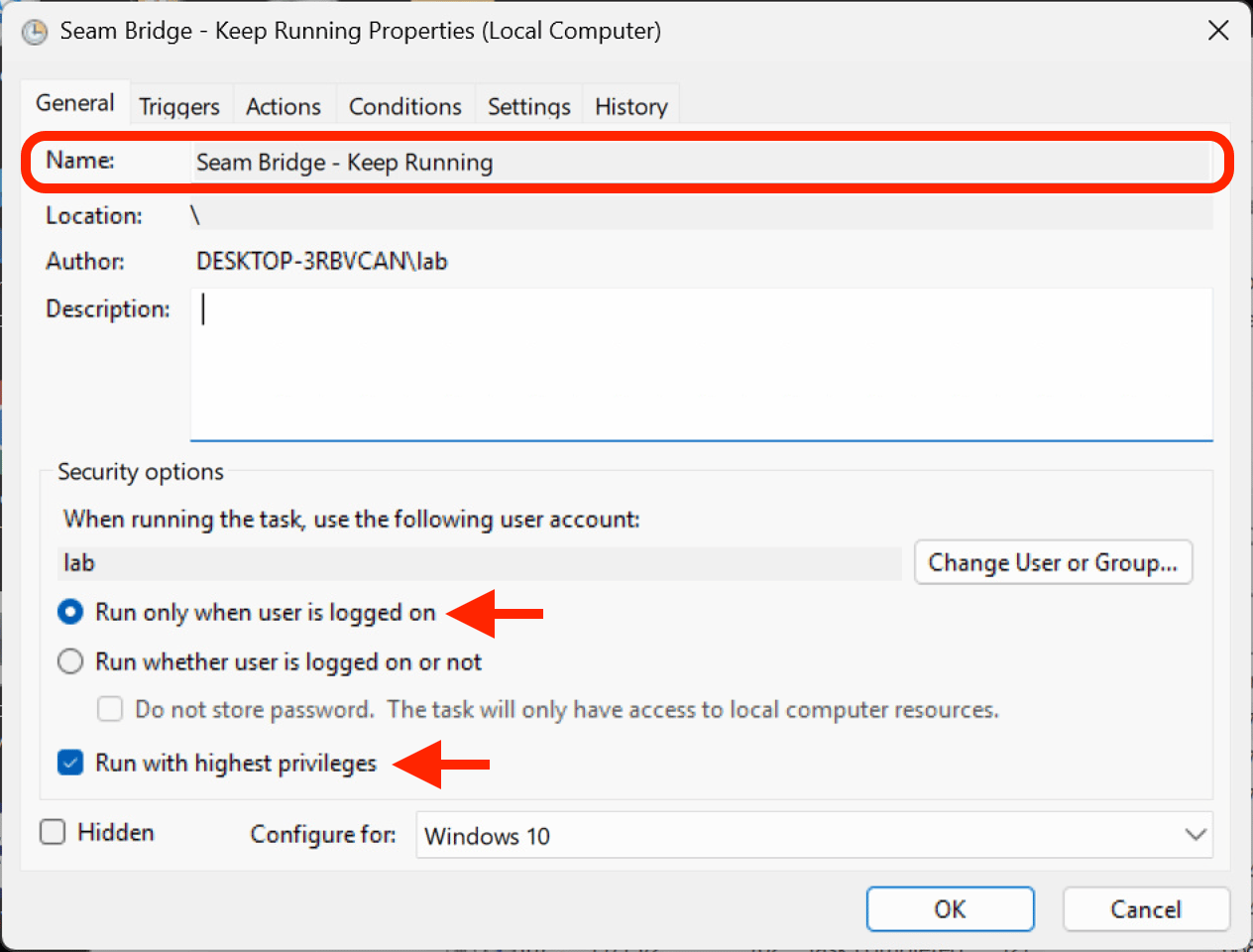 Task Properties - General tab