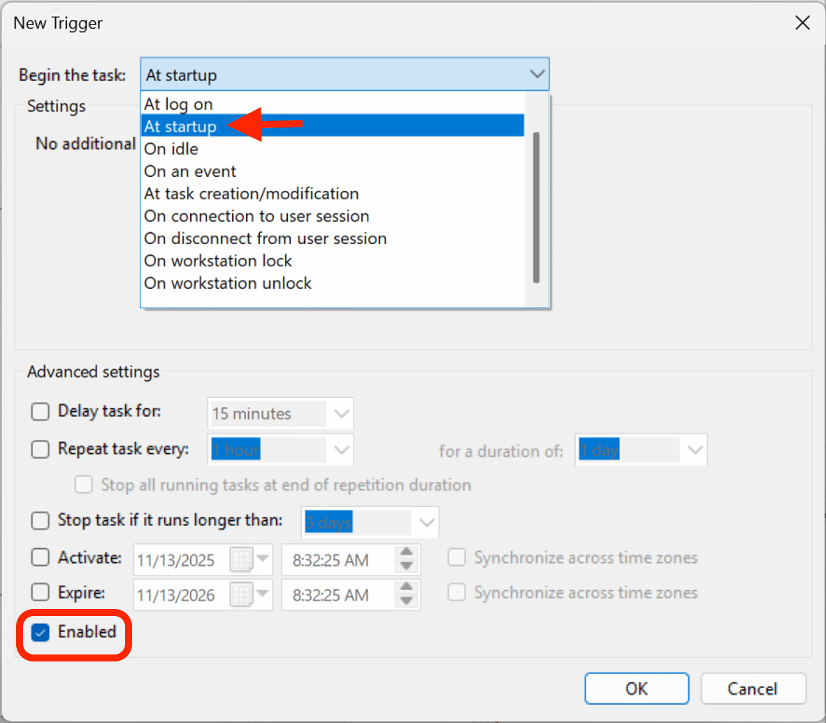 Task Properties - Triggers tab, At startup trigger