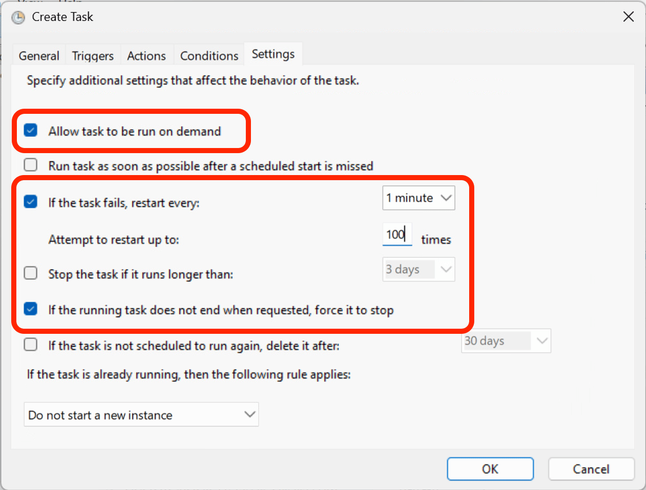 Task Properties - Settings tab