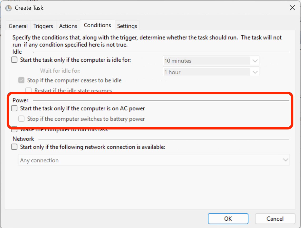 Task Properties - Conditions tab