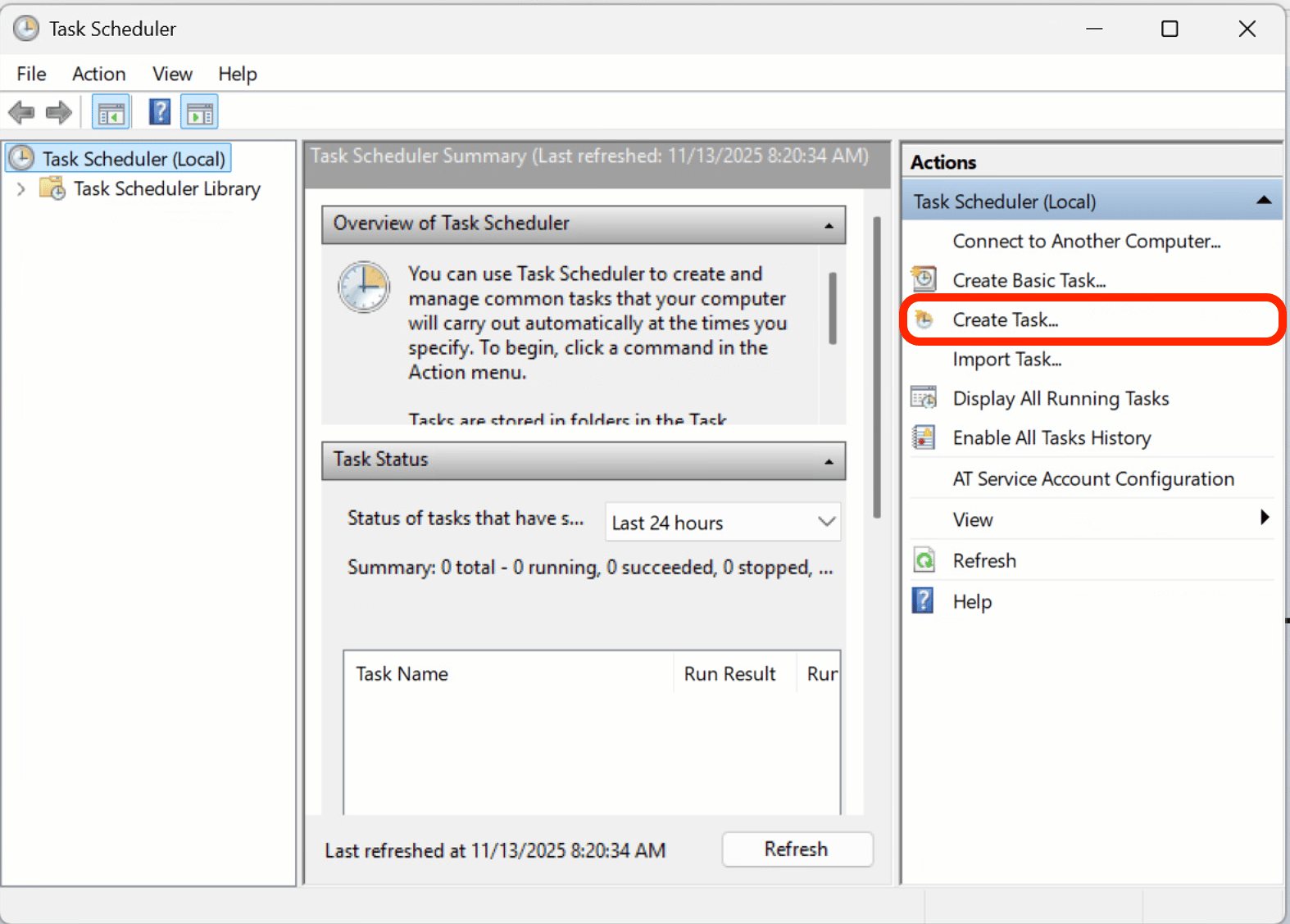 Task Scheduler - Create Task option