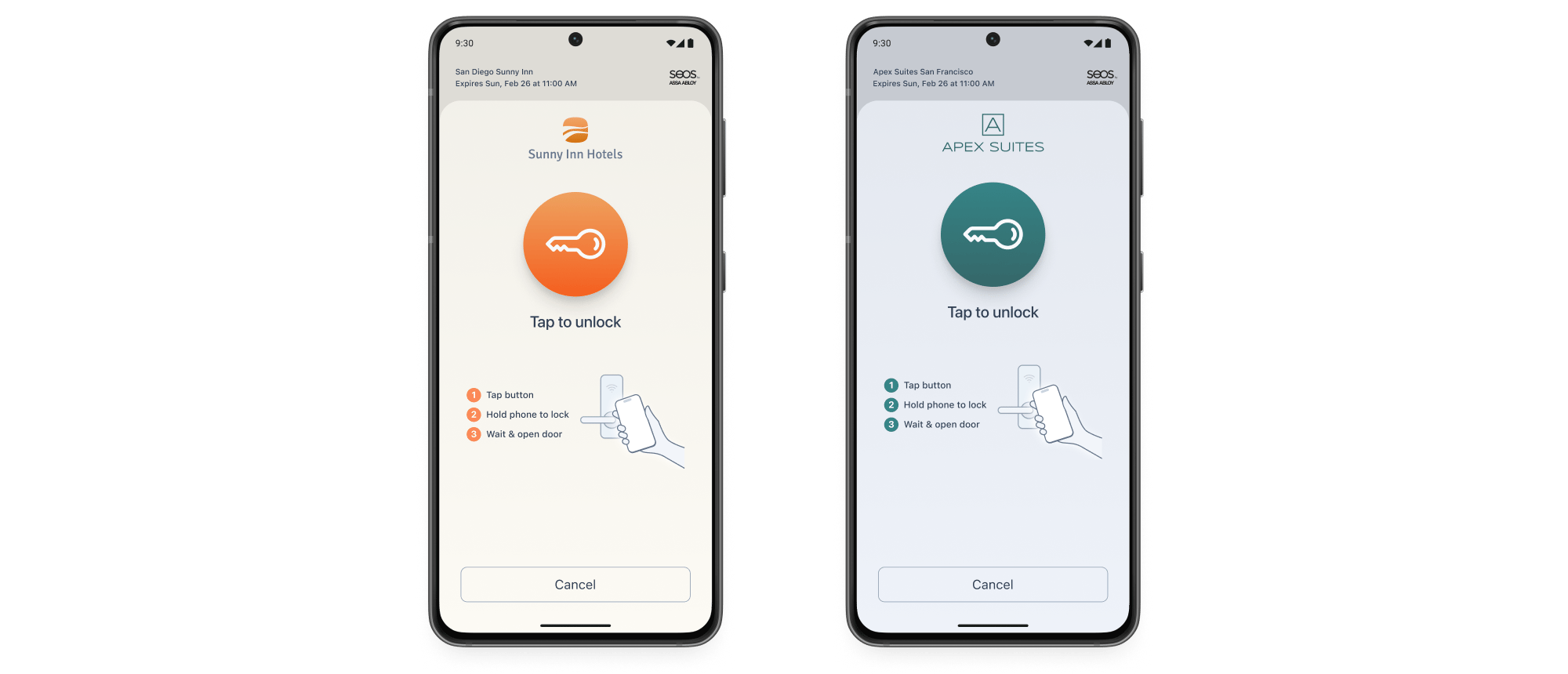 Use the Seam API and mobile SDK to power your hotel PMS app's mobile key
feature for guests.