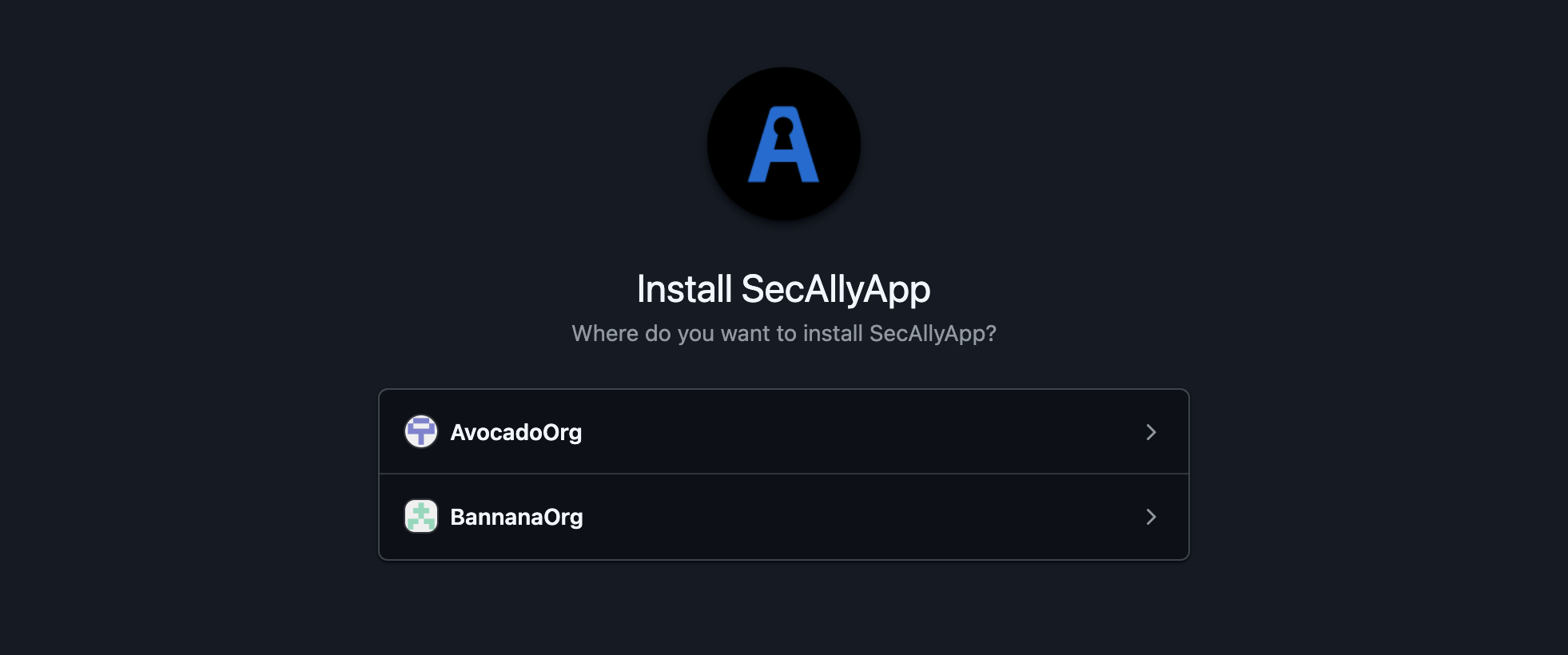 Select org to install SecAlly GitHub App on